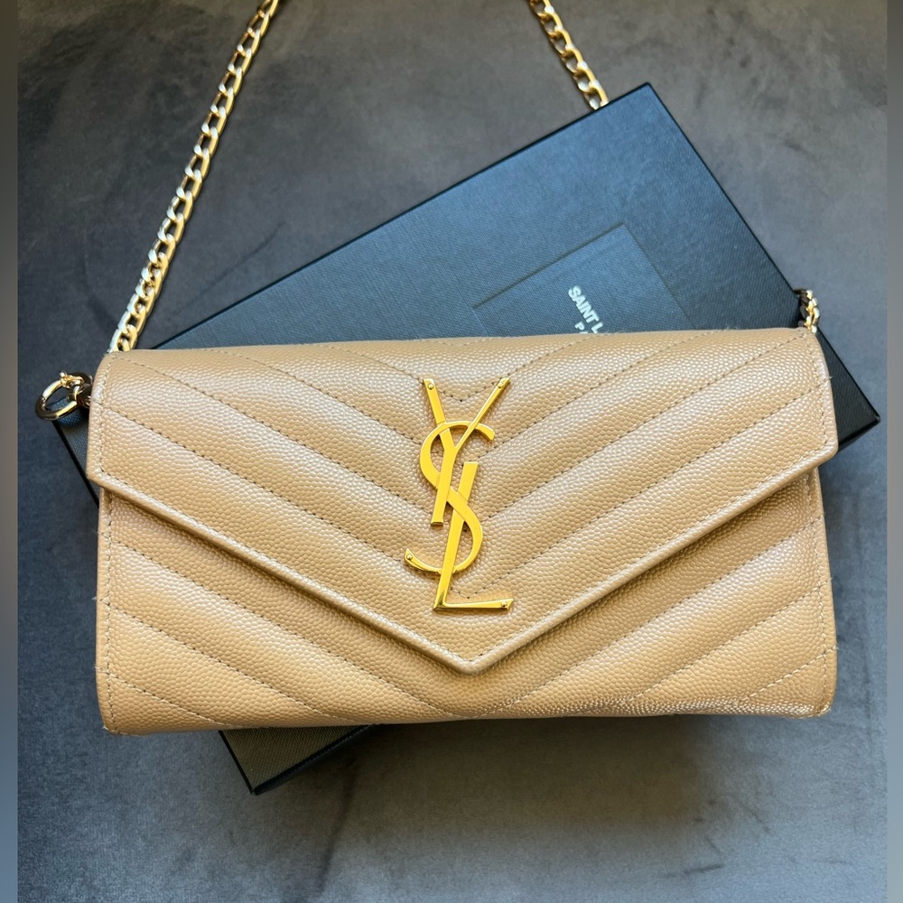 Beige Saint Laurent Cassandre Envelope Flap Wallet on Chain